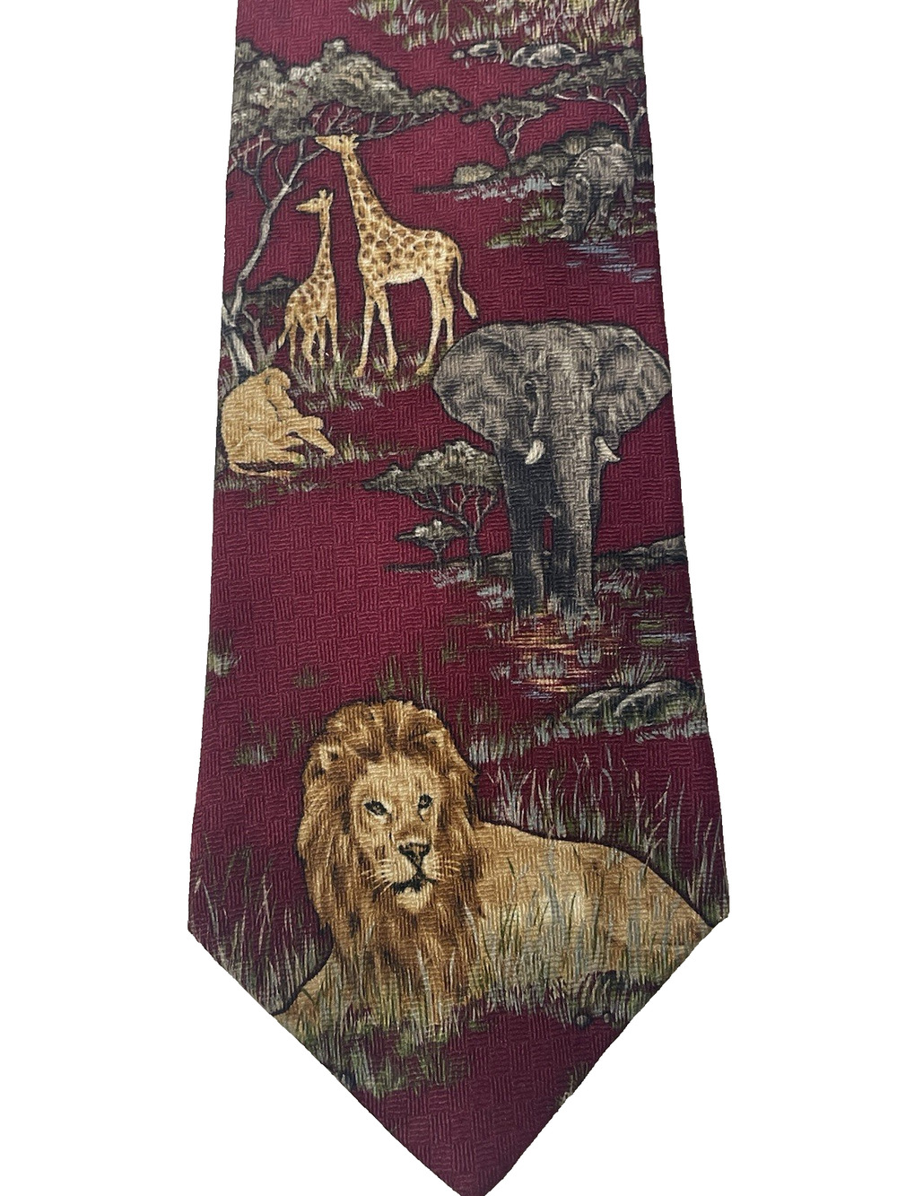 WWF World Wildlife Fund Safari Animal Tie Lions Elephant Giraffe Burgundy Silk